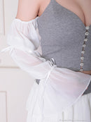 an/AOC-3922/ミニドレス/キャバドレス/セットアップ/3way/袖取り外し可能/襟付き/ビジューボタン/キャミソール/シフォン/フリル/フレア