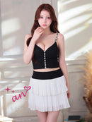 an/AOC-3922/ミニドレス/キャバドレス/セットアップ/3way/袖取り外し可能/襟付き/ビジューボタン/キャミソール/シフォン/フリル/フレア