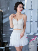 an/AOC-3922/ミニドレス/キャバドレス/セットアップ/3way/袖取り外し可能/襟付き/ビジューボタン/キャミソール/シフォン/フリル/フレア