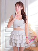 an/AOC-3957/ミニドレス/キャバドレス/セットアップ/4way/袖付き/オフショル/クロスネック/ティアード/フリル/ラメ/ストレッチ/フレア