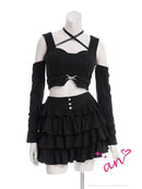 an/AOC-3957/ミニドレス/キャバドレス/セットアップ/4way/袖付き/オフショル/クロスネック/ティアード/フリル/ラメ/ストレッチ/フレア