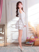 an/AOC-3957/ミニドレス/キャバドレス/セットアップ/4way/袖付き/オフショル/クロスネック/ティアード/フリル/ラメ/ストレッチ/フレア