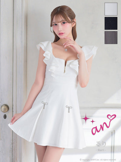 an/AOC-4069/ワンピース/ミニドレス/キャバドレス/リボンブローチ付き/バストジップ/ショルダーフリル/ラメ/バックオープン/フレア