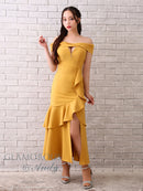 Andy/GLAMOROUS/GMS-V823/ワンピース/ロングドレス/キャバドレス/シンプル/ワンカラー/フロントジップ/オフショル/フリル/アシンメトリー/マーメイド