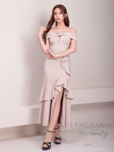 Andy/GLAMOROUS/GMS-V823/ワンピース/ロングドレス/キャバドレス/シンプル/ワンカラー/フロントジップ/オフショル/フリル/アシンメトリー/マーメイド
