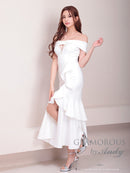 Andy/GLAMOROUS/GMS-V823/ワンピース/ロングドレス/キャバドレス/シンプル/ワンカラー/フロントジップ/オフショル/フリル/アシンメトリー/マーメイド