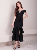 Andy/GLAMOROUS/GMS-V823/ワンピース/ロングドレス/キャバドレス/シンプル/ワンカラー/フロントジップ/オフショル/フリル/アシンメトリー/マーメイド