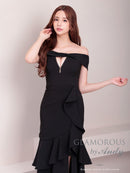 Andy/GLAMOROUS/GMS-V823/ワンピース/ロングドレス/キャバドレス/シンプル/ワンカラー/フロントジップ/オフショル/フリル/アシンメトリー/マーメイド