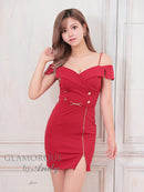 Andy/GLAMOROUS/GMS-V833/キャバドレス/ミニドレス/タイト/ショルダーリボン/両肩リボン/オフショル/ フロントジップ/ワンカラー/スリット