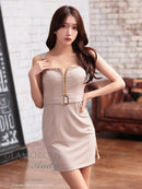 Andy/GLAMOROUS/GMS-V842/ワンピース/ミニドレス/キャバドレス/チェーンパイピング/フロントジップ/ベルト/ノースリーブ/ストレッチ/タイト