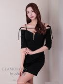 Andy/GLAMOROUS/GMS-V854/ワンピース/ミニドレス/キャバドレス/フロントジップ/オフショル/袖あり/リボン/タイト