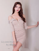 Andy/GLAMOROUS/GMS-V857/ワンピース/ミニドレス/キャバドレス/フロントジッパー/オフショル/袖あり/ハーフスリーブ/ストレッチ/タイト