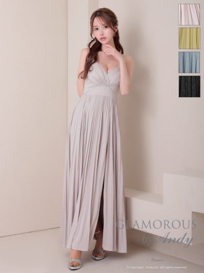 Andy/GLAMOROUS/GMS-V870/ワンピース/ロングドレス/キャバドレス/ビジュー/ラメ/プリーツ/キャミソール/スリット/ストレッチ/フレア