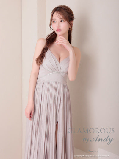 Andy/GLAMOROUS/GMS-V870/ワンピース/ロングドレス/キャバドレス/ビジュー/ラメ/プリーツ/キャミソール/スリット/ストレッチ/フレア