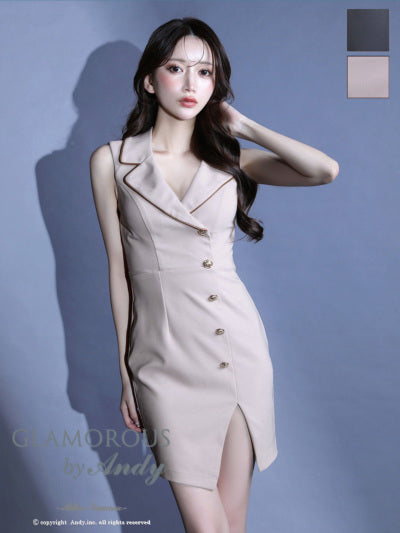 Andy/GLAMOROUS/GMS-V897/ワンピース/ミニドレス/キャバドレス/ゴールドボタン/トレンチ風/レザーパイピング/Vネック/ノースリーブ/スリット/タイト