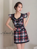 Andy/AN-OK2806/ワンピース/ミニドレス/キャバドレス/チェック/袖フリル/レース/ボタン