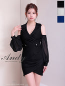 Andy/AN-ON2924/ワンピース/ミニドレス/キャバドレス/ワンカラー/シアー/ノースリーブ/袖あり/ビジューボタン/襟付き