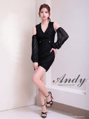 Andy/AN-ON2924/ワンピース/ミニドレス/キャバドレス/ワンカラー/シアー/ノースリーブ/袖あり/ビジューボタン/襟付き