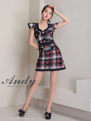 Andy/AN-OK2806/ワンピース/ミニドレス/キャバドレス/チェック/袖フリル/レース/ボタン