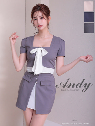 Andy/AN-ON2926/セットアップ/ミディアムドレス/キャバドレス/シフォン/リボン/バイカラー/切り替え/半袖/袖あり/タイト