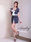 Andy/AN-ON2926/セットアップ/ミニドレス/キャバドレス/シフォン/リボン/バイカラー/切り替え/半袖/袖あり/タイト