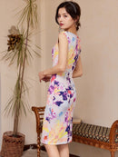 ERUKEI/プリント/ボートネック/ストレッチ/花柄/ノースリーブ/ミニドレス/ワンピース/31019A