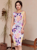 ERUKEI/プリント/ボートネック/ストレッチ/花柄/ノースリーブ/ミニドレス/ワンピース/31019A