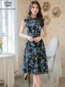 ERUKEI/C22014/エルケイ/ミディアムドレス/パーティードレス/ミニドレス/レッド/花柄/フリルリーブ/ハイウエスト/Aライン/ワンピース