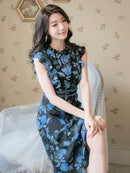 ERUKEI/C22014/エルケイ/ミディアムドレス/パーティードレス/ミニドレス/レッド/花柄/フリルリーブ/ハイウエスト/Aライン/ワンピース