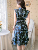 ERUKEI/C22014/エルケイ/ミディアムドレス/パーティードレス/ミニドレス/レッド/花柄/フリルリーブ/ハイウエスト/Aライン/ワンピース