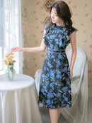 ERUKEI/C22014/エルケイ/ミディアムドレス/パーティードレス/ミニドレス/レッド/花柄/フリルリーブ/ハイウエスト/Aライン/ワンピース