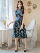 ERUKEI/C22014/エルケイ/ミディアムドレス/パーティードレス/ミニドレス/レッド/花柄/フリルリーブ/ハイウエスト/Aライン/ワンピース