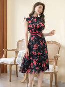 ERUKEI/C22014/エルケイ/ミディアムドレス/パーティードレス/ミニドレス/レッド/花柄/フリルリーブ/ハイウエスト/Aライン/ワンピース