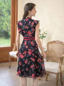 ERUKEI/C22014/エルケイ/ミディアムドレス/パーティードレス/ミニドレス/レッド/花柄/フリルリーブ/ハイウエスト/Aライン/ワンピース