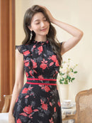 ERUKEI/C22014/エルケイ/ミディアムドレス/パーティードレス/ミニドレス/レッド/花柄/フリルリーブ/ハイウエスト/Aライン/ワンピース