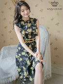 ERUKEI/C22014/エルケイ/ミディアムドレス/パーティードレス/ミニドレス/レッド/花柄/フリルリーブ/ハイウエスト/Aライン/ワンピース