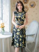 ERUKEI/C22014/エルケイ/ミディアムドレス/パーティードレス/ミニドレス/レッド/花柄/フリルリーブ/ハイウエスト/Aライン/ワンピース