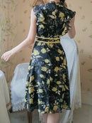 ERUKEI/C22014/エルケイ/ミディアムドレス/パーティードレス/ミニドレス/レッド/花柄/フリルリーブ/ハイウエスト/Aライン/ワンピース