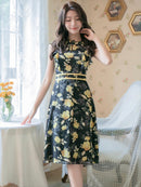 ERUKEI/C22014/エルケイ/ミディアムドレス/パーティードレス/ミニドレス/レッド/花柄/フリルリーブ/ハイウエスト/Aライン/ワンピース