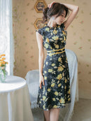 ERUKEI/C22014/エルケイ/ミディアムドレス/パーティードレス/ミニドレス/レッド/花柄/フリルリーブ/ハイウエスト/Aライン/ワンピース