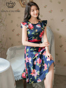 ERUKEI/C22015/プリント/フレア/ワンピース/結婚式/同窓会/ミニドレス/花柄プリント/ハイウエスト/ネイビー/ホワイト/紺/白