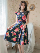 ERUKEI/C22015/プリント/フレア/ワンピース/結婚式/同窓会/ミニドレス/花柄プリント/ハイウエスト/ネイビー/ホワイト/紺/白