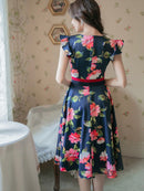 ERUKEI/C22015/プリント/フレア/ワンピース/結婚式/同窓会/ミニドレス/花柄プリント/ハイウエスト/ネイビー/ホワイト/紺/白