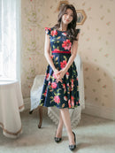 ERUKEI/C22015/プリント/フレア/ワンピース/結婚式/同窓会/ミニドレス/花柄プリント/ハイウエスト/ネイビー/ホワイト/紺/白