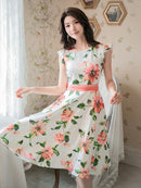 ERUKEI/C22015/プリント/フレア/ワンピース/結婚式/同窓会/ミニドレス/花柄プリント/ハイウエスト/ネイビー/ホワイト/紺/白