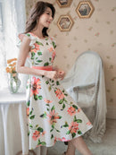 ERUKEI/C22015/プリント/フレア/ワンピース/結婚式/同窓会/ミニドレス/花柄プリント/ハイウエスト/ネイビー/ホワイト/紺/白