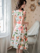 ERUKEI/C22015/プリント/フレア/ワンピース/結婚式/同窓会/ミニドレス/花柄プリント/ハイウエスト/ネイビー/ホワイト/紺/白