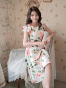 ERUKEI/C22015/プリント/フレア/ワンピース/結婚式/同窓会/ミニドレス/花柄プリント/ハイウエスト/ネイビー/ホワイト/紺/白