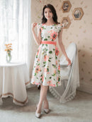 ERUKEI/C22015/プリント/フレア/ワンピース/結婚式/同窓会/ミニドレス/花柄プリント/ハイウエスト/ネイビー/ホワイト/紺/白