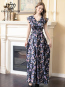 ERUKEI/C22065/フリルポイント/Vネック/花柄/プリント/ウエスト切り替え/ノースリーブ/Aライン/ハイウエスト/ロングドレス/パッド付きワンピース